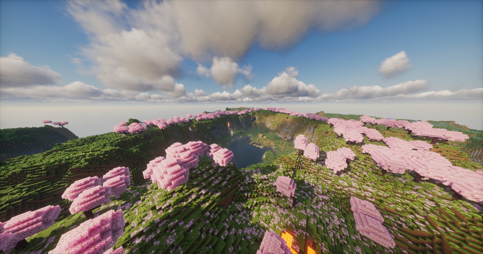 Devine SMP spawn — cherry blossom biome met uitzicht over de wereld